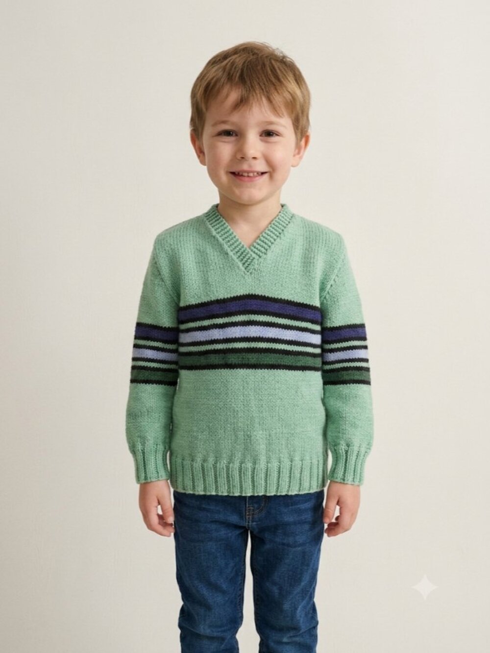 Hand Knit Childs V-Neck Sweater Size 5-6 Retro 70's Aesthetic